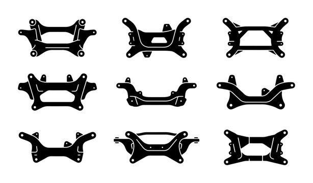 Automotive Suspension Components, Car Parts, Vehicle Chassis Elements, Black and White Vector Icons