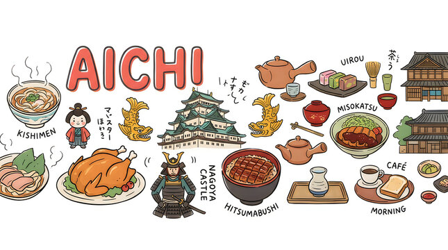 Aichi japan cultural food and landmarks illustration