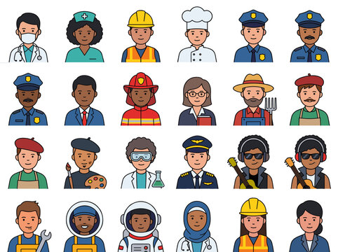 Diverse Profession Character Avatar Flat Vector Icon Set