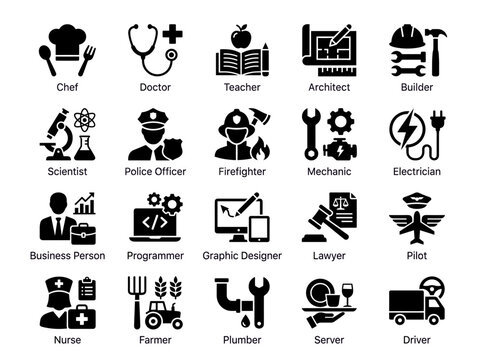 Solid black silhouette vector icon set containing 20 different profession, trade, and employment symbols for UI/UX design.