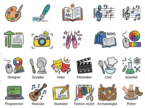 Casual hand drawn flat vector icon set containing 20 doodle symbols for creative, educational, and artistic professions.