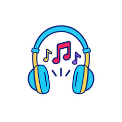 Dynamic graphic illustration of bright blue headphones with cheerful musical notes, symbolizing the pure joy of sound, personal audio entertainment, and the delightful experience of listening to music
