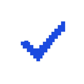 Blue pixel check mark icon representing digital success, confirmation, and task completion in 8-bit style