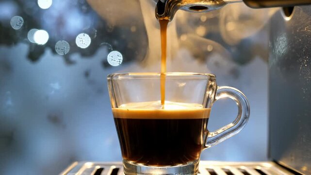 Hot coffee pouring into a clear glass mug, perfect for breakfast or cozy morning moments, rich dark liquid stream against bright background