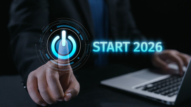 Start 2025 concept with futuristic power button symbolizing fresh beginnings, innovation, and digital transformation. Start 2025, new goals, and start 2025 initiative. Elide