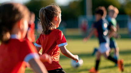 Fototapeta premium rear view of children playing soccer together in a bright park, backs to camera, team game concept, outdoor play, childhood, teamwork, energy, lifestyle, bright, with copy space
