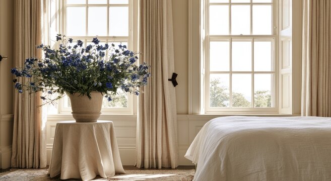 Sunny bedroom with floral arrangement, crisp linens, and large sash windows
