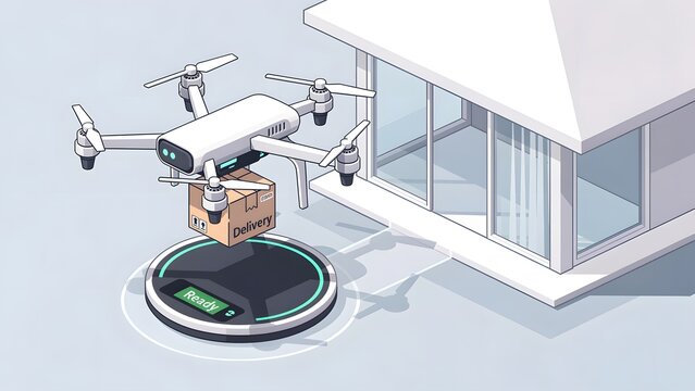 isometric 3d drone delivering a cardboard box package near a modern residential house on a delivery pad ready for futuristic logistics