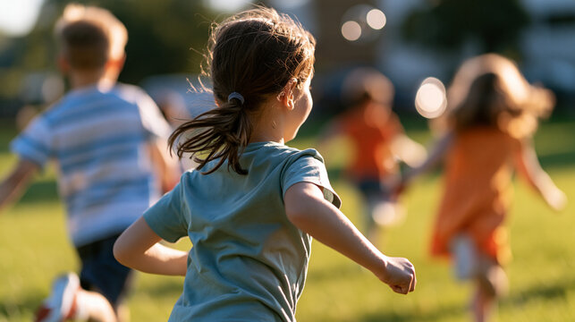 rear view of children playing a joyful chase game together in a bright park, backs to camera, active outdoor fun concept, childhood, energy, teamwork, playground, lifestyle,