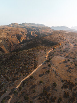 Aerial view of Firmihin Forest campsite, featuring dragon blood trees across the arid landscape with a winding dirt road through rugged terrain. Asma, Socotra, Yemen.