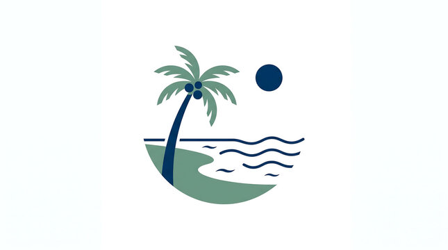Tropical palm tree and ocean wave minimalist logo design.