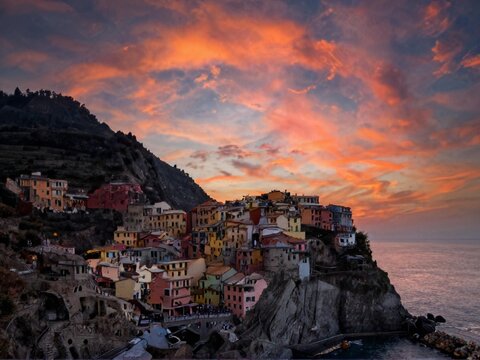 Aerial Full Cinque Terre Coast Fire Cloud Sunset