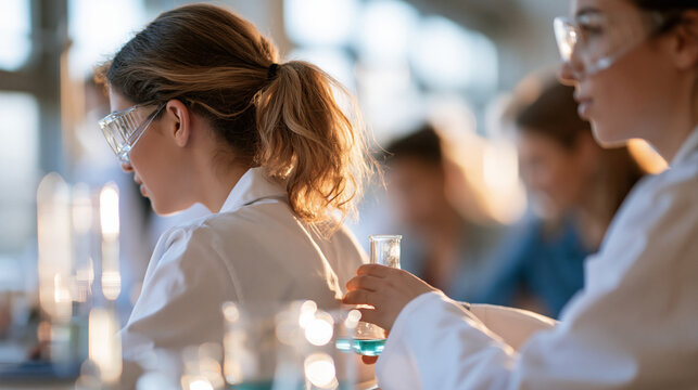 rear view of african american and diverse teenage students carrying out experiments in a bright chemistry class, backs to camera, science education concept, STEM, learning,