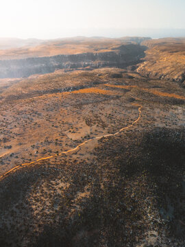 Aerial view of the Firmihin Forest campsite area featuring sparse dragon blood trees, a winding dirt path, and rugged arid terrain in Asma, Socotra, Yemen.