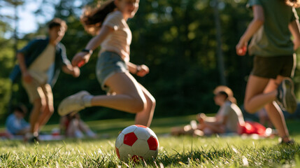 Naklejka premium rear view of teenagers kicking a red and white soccer ball in a bright forest clearing, backs to camera, youth sports concept, teamwork, energy, family picnic nearby, lifestyle,