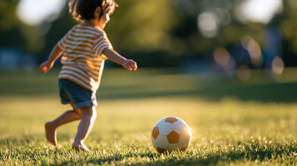 Naklejka premium rear view of a child playing soccer barefoot in a bright sunny park, back to camera, joyful outdoor sports concept, childhood, energy, playground, lifestyle, bright, with copy