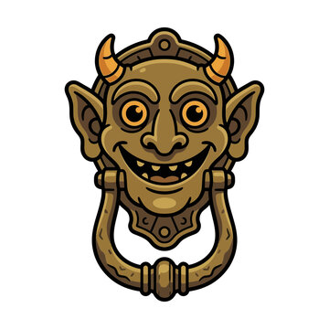 Vintage bronze gargoyle door knocker vector, antique goblin door knocker illustration, gothic brass devil face hardware isolated on White Background Halloween