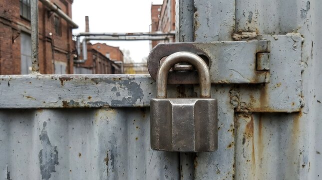 Rusty metal padlock securing a closed industrial factory gate for site security concept