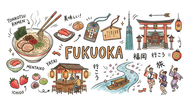 Fukuoka japan food and travel illustration vector