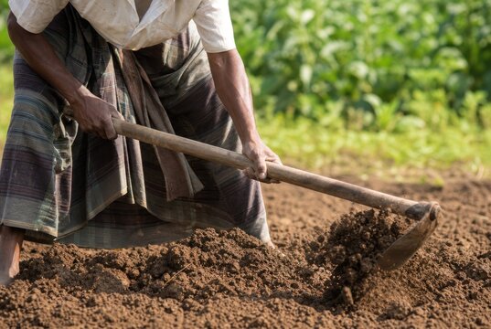 Senior farmer diligently tilling fertile soil with traditional hoe in lush green agricultural field under bright sunlight, rural farming life