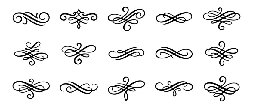 Vintage scroll flourishes black ink decorative calligraphic page dividers set isolated white background.