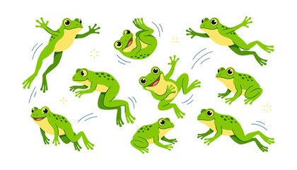 Fototapeta premium Green Tree Frog Character Vector Icon Set Featuring Various Active Poses Including Jumping Leaping Flipping Swimming and Sitting