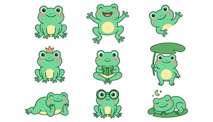 Fototapeta premium Cute Green Frog Character Vector Icon Set Featuring Various Poses Reading Sleeping Wearing Crown Glasses and Holding Lily Pad Leaf