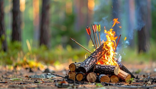Bright campfire burning in the forest with archery arrows among the logs