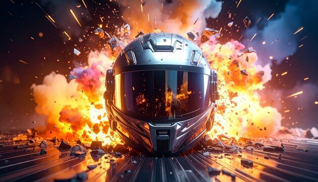 Amidst a cataclysmic explosion of fire and shattered debris, an advanced metallic warrior helmet stands resolute, reflecting the intense energy of a powerful impact and ultimate destruction
