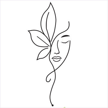 Minimalist line art of a woman face with leaves, abstract beauty and nature illustration.