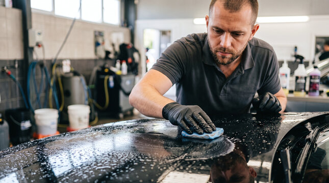 Professional car detailer using a clay bar to clean a wet black car bonnet.