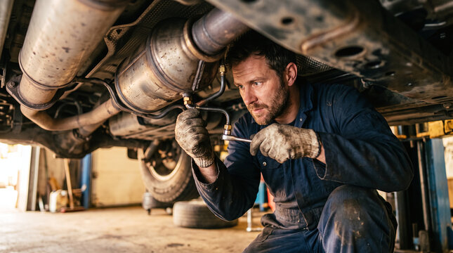 Professional auto mechanic repairing a diesel particulate filter under a car