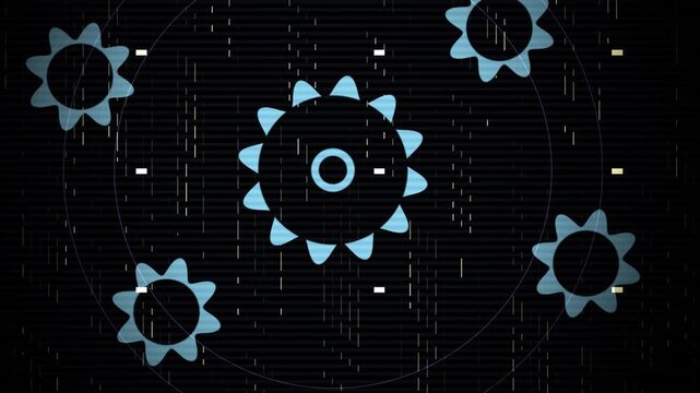 Rotating blue mechanical gear cogs on dark background motion graphic