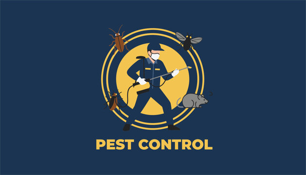 Pest control professional in uniform spraying chemicals to exterminate various pests like cockroaches and rats depicted within a circular emblem.