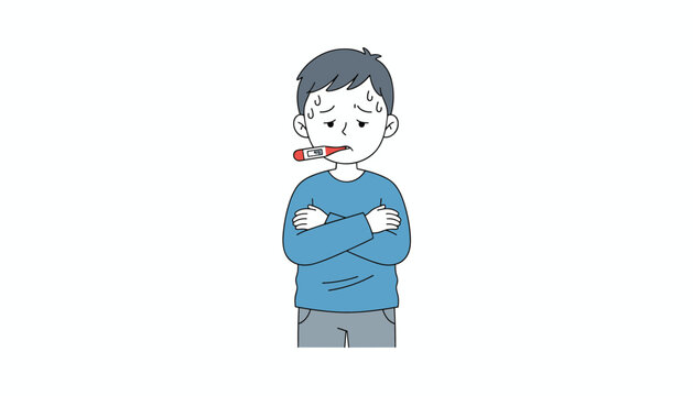 Illustration of a young boy feeling unwell with a thermometer in his mouth while shivering and crossing his arms against a white background.