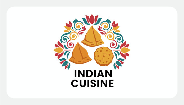 Indian cuisine logo design featuring samosas and traditional snacks surrounded by floral ornaments and lotus motifs.