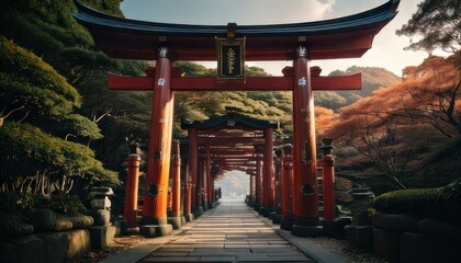 Obraz premium Japanese torii gate pathway forest trees.