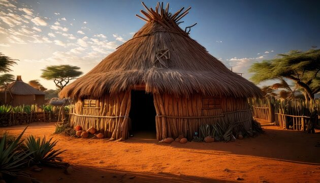 Traditional African village hut landscape scene.