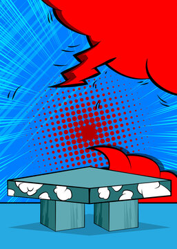 Comic Book Product podium stage for mockup presentation. Retro comics background.