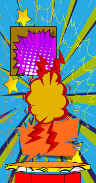 Comic Book Product podium stage for mockup presentation. Retro comics background.