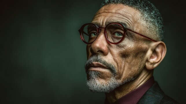 Portrait of senior black man with glasses, suit jacket and burgundy shirt, calm focused expression in studio with green background, cinematic lighting, shallow depth and sharp eyes