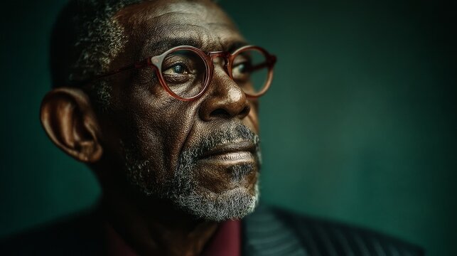 Portrait of senior black man with glasses, suit jacket and burgundy shirt, calm focused expression in studio with green background, cinematic lighting, shallow depth and sharp eyes
