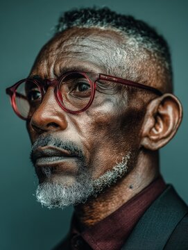 Portrait of senior black man with glasses, suit jacket and burgundy shirt, calm focused expression in studio with green background, cinematic lighting, shallow depth and sharp eyes