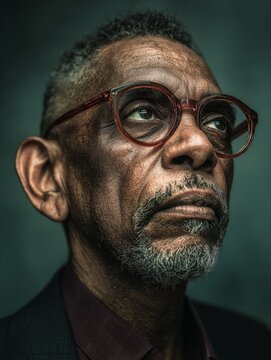 Portrait of senior black man with glasses, suit jacket and burgundy shirt, calm focused expression in studio with green background, cinematic lighting, shallow depth and sharp eyes