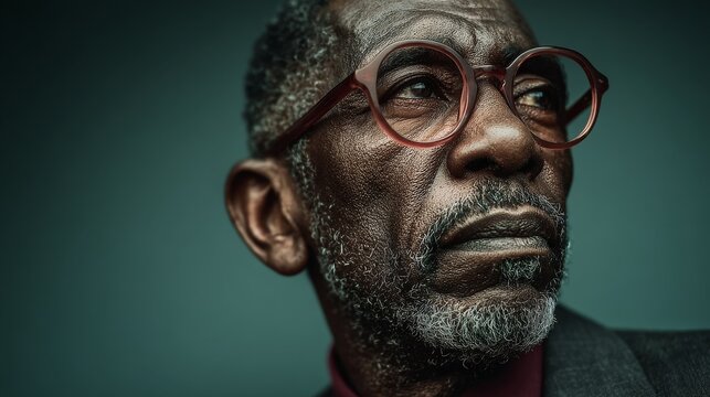 Portrait of senior black man with glasses, suit jacket and burgundy shirt, calm focused expression in studio with green background, cinematic lighting, shallow depth and sharp eyes