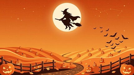 Fototapeta premium Witch Flying On Broomstick Under Full Moon Over Jack O' Lantern Patch In Spooky Halloween Countryside At Sunset With Bats