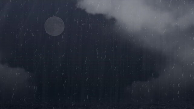 Moonlight illuminates heavy rain falling against dark storm clouds.