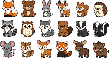 Obraz premium Animals Kawaii Vector Illustrations Set Featuring Cute Cartoon Wildlife and Forest Creatures in a Flat Sticker Style Design