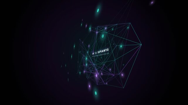 Abstract futuristic artificial intelligence background featuring glowing cyan and purple neural network plexus grid rotation with synapse matrix text on black screen in 3D digital motion graphics.