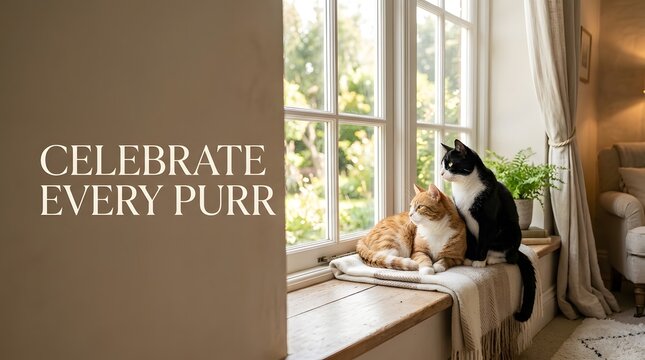 Two cats sitting on a cozy windowsill with the text celebrate every purr